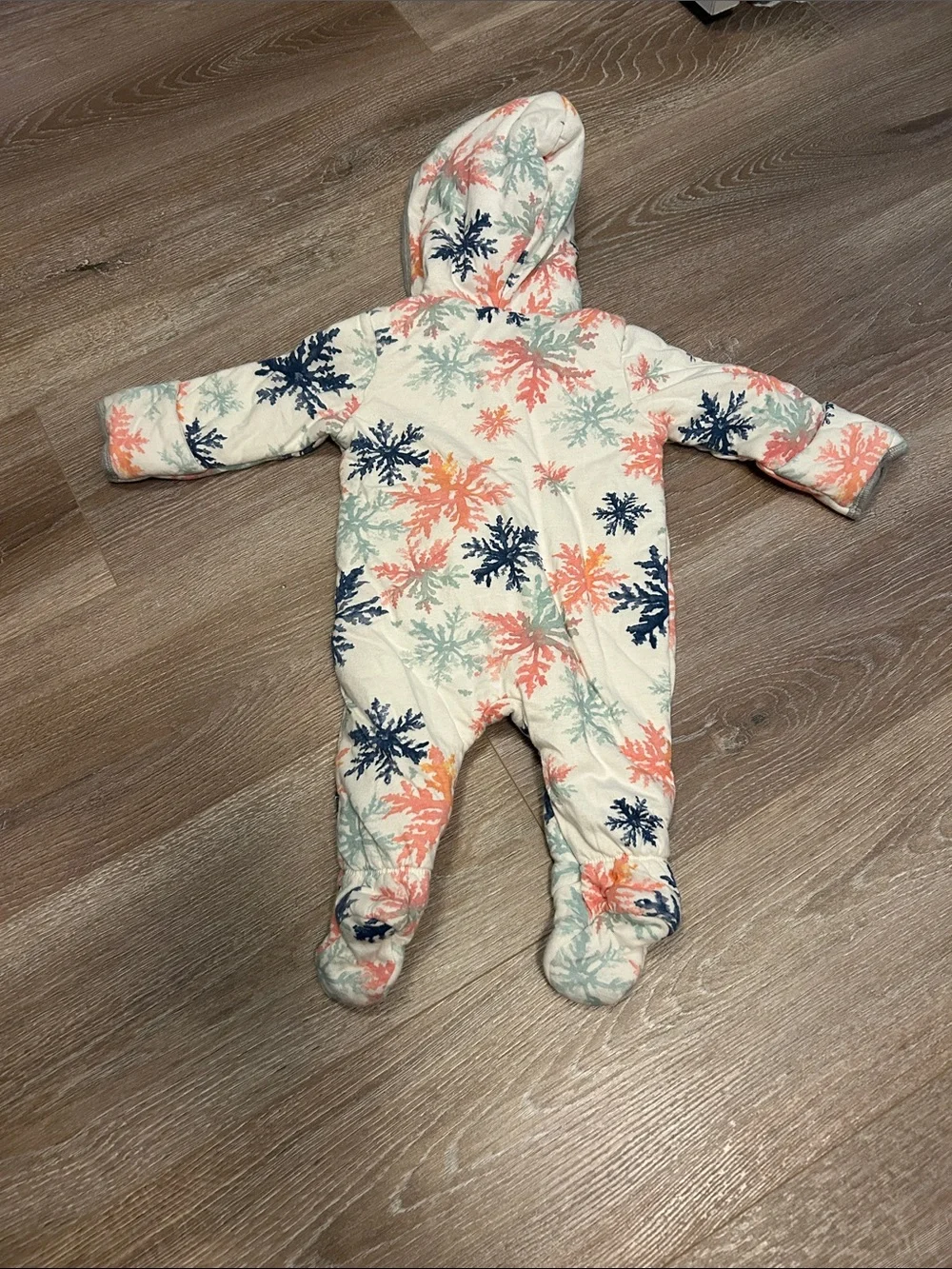 Snowflake-Print Hooded Baby Footie in Cream with Navy, Coral & Mint